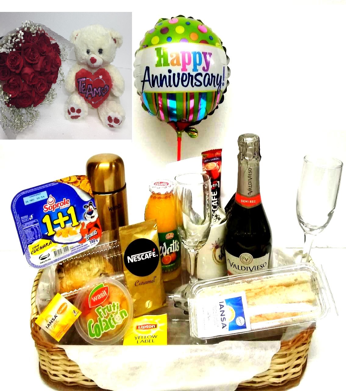 Desayuno Aniversario m�s Ramo 12 Rosas y Peluche 30cm